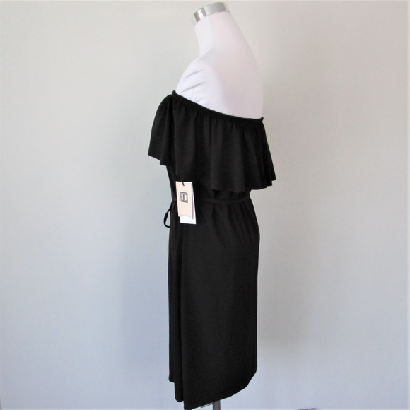 NWT Black Off Shoulder Ruffle Popover Midi Dress - Picture 6 of 8